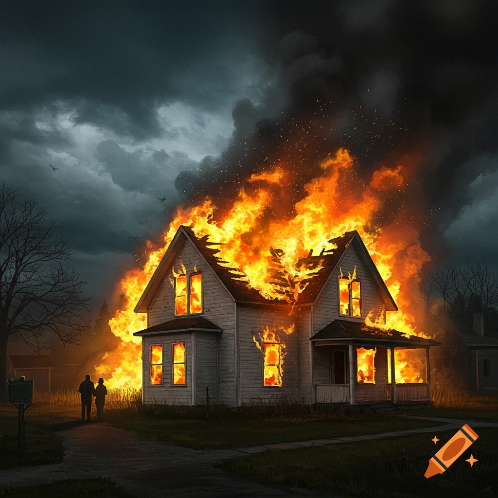 A house engulfed in flames under a dark, stormy sky with two figures walking away.
