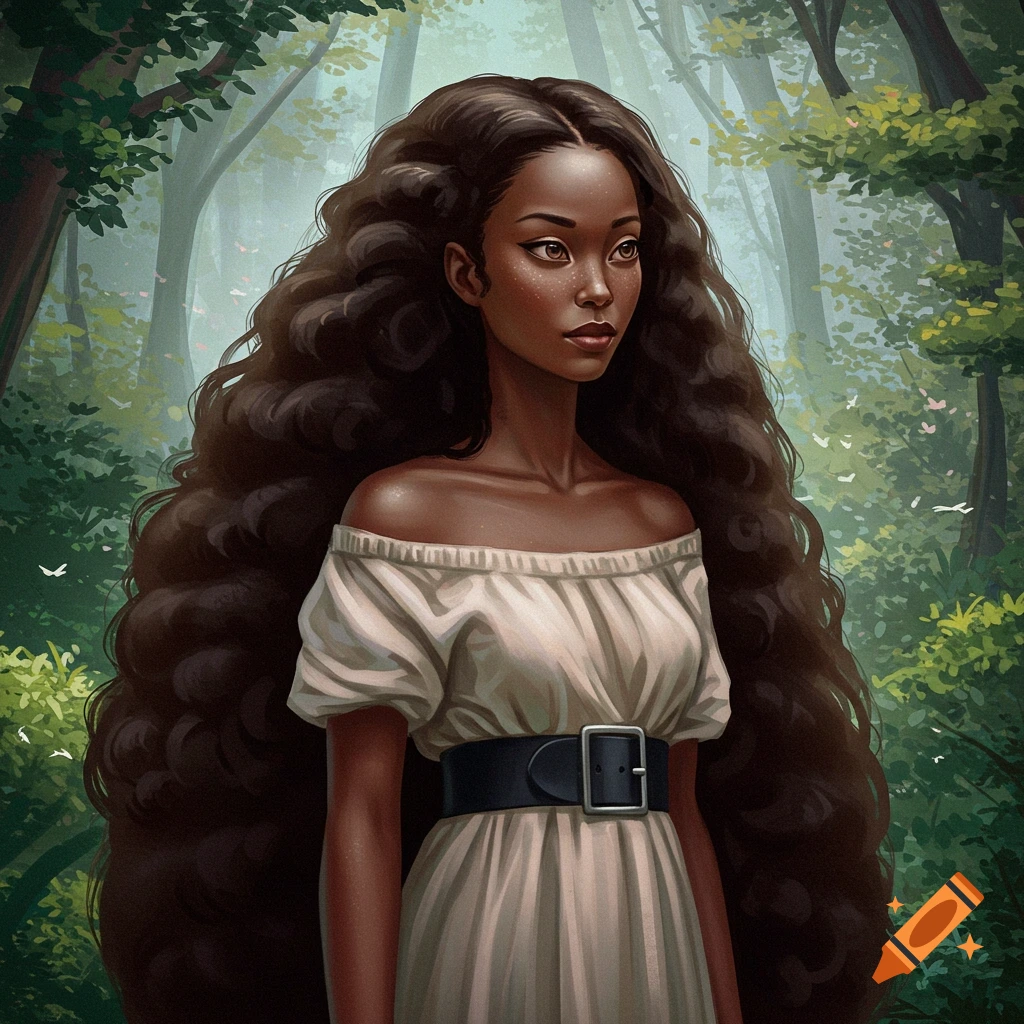 A woman with long wavy hair in a white dress and black belt stands in an enchanted forest.