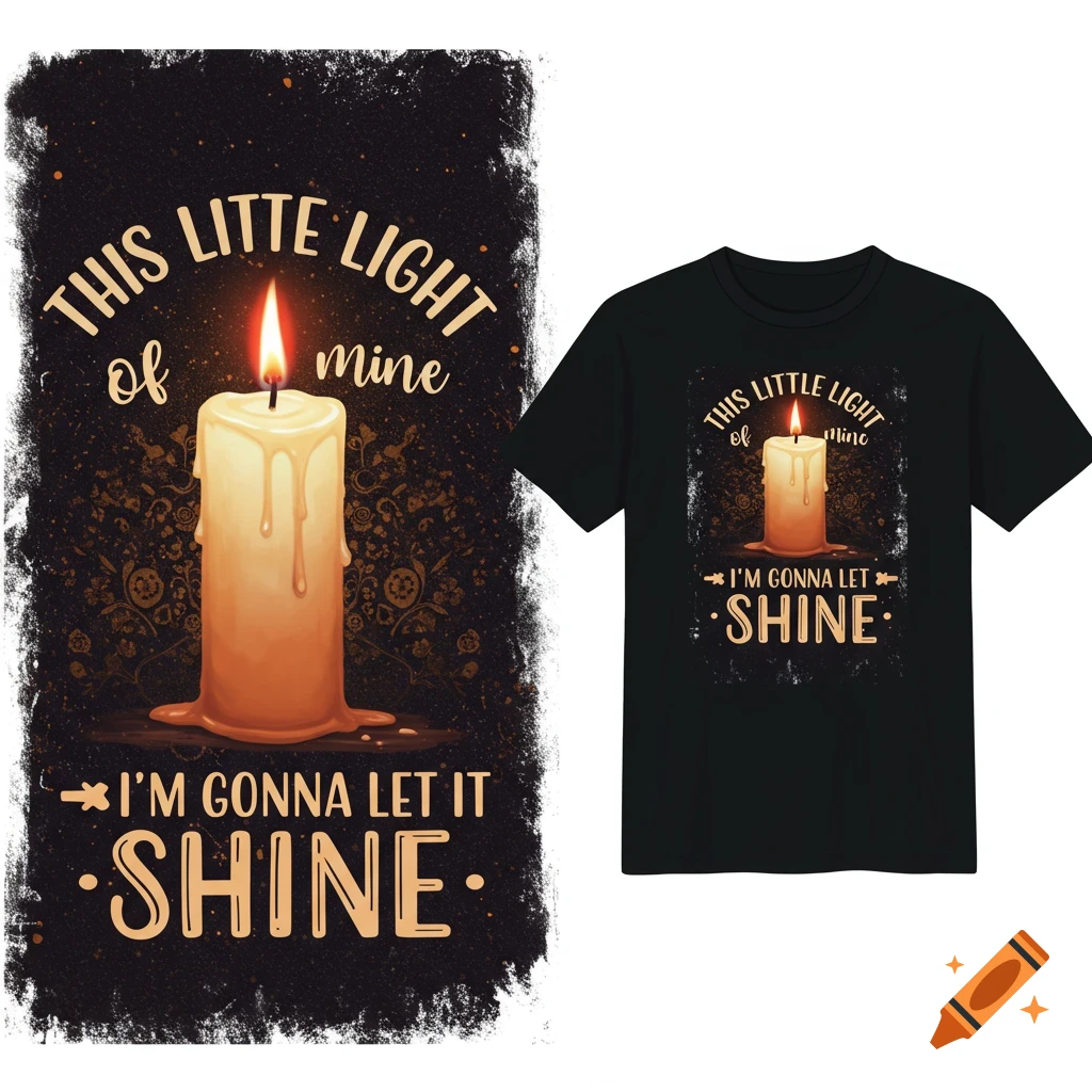 T-shirt design with a burning candle and the text "This little light of mine" and "I'm gonna let it shine."