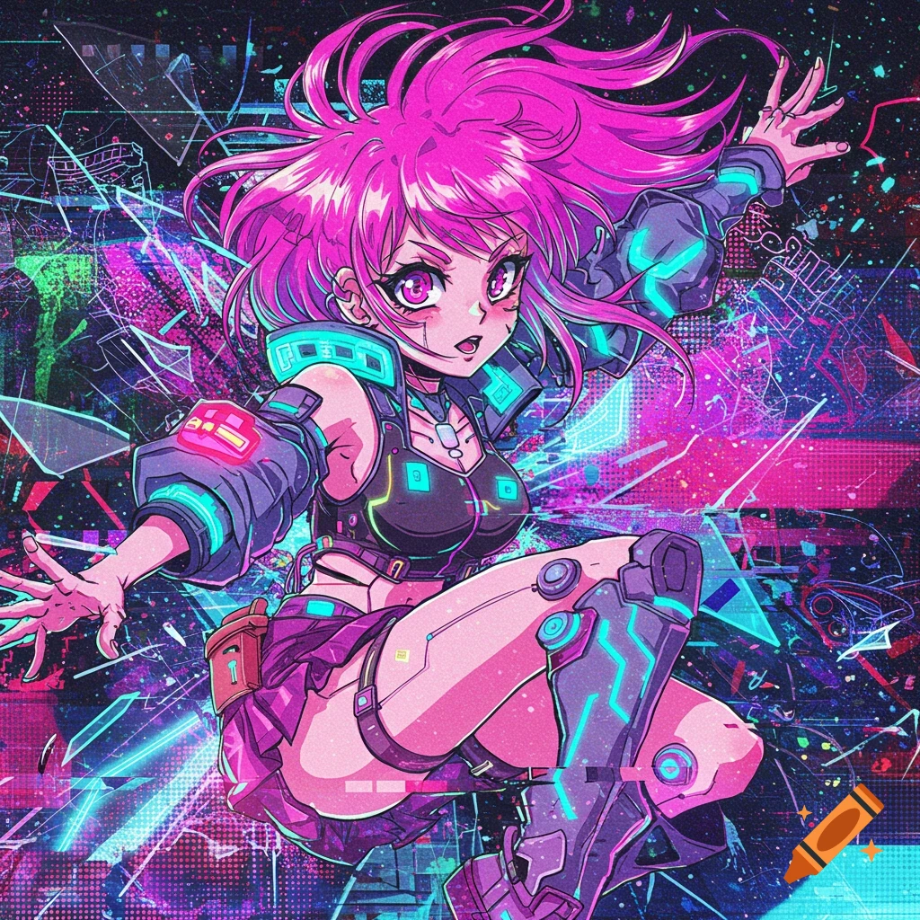 Anime girl with bright pink hair in cyberpunk gear, striking a pose against a neon glitchy background.