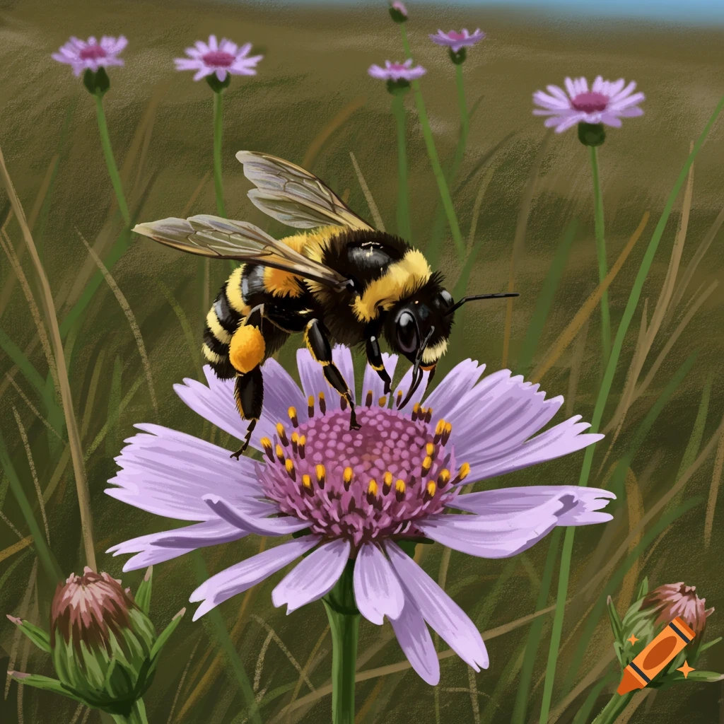 A detailed image of a bumblebee on a purple flower in a field.