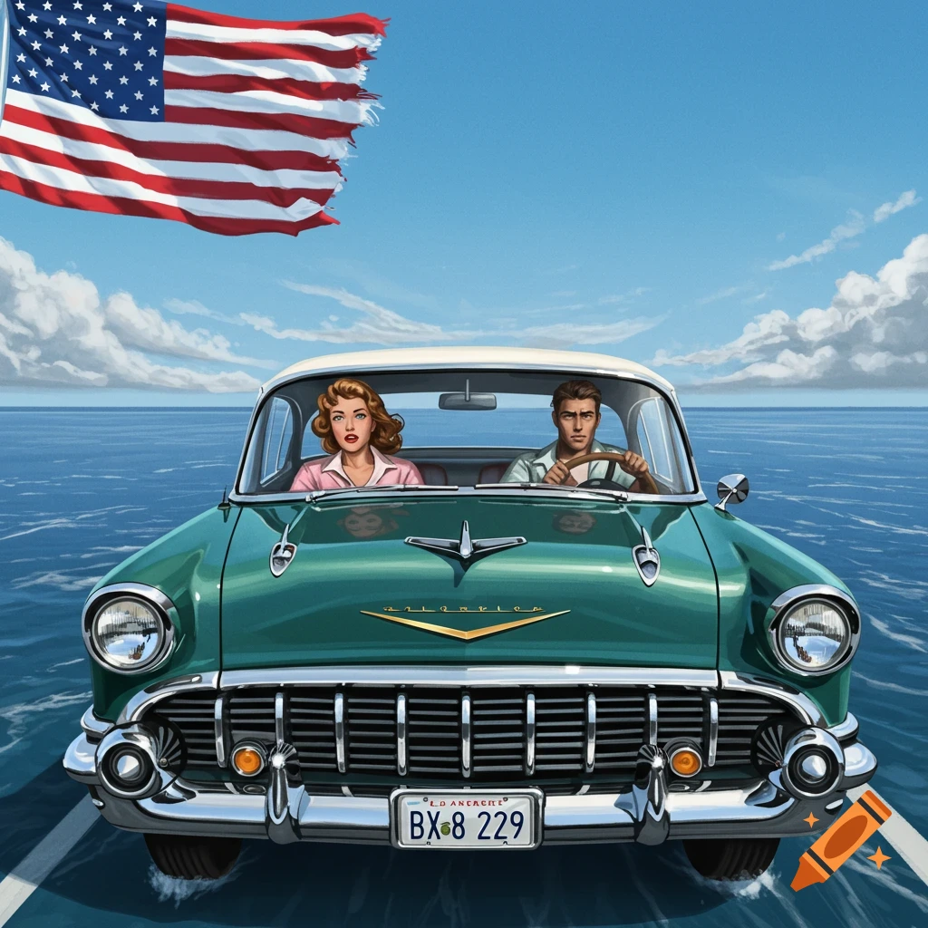 A couple in a green vintage car drives with a tattered American flag flying behind them.
