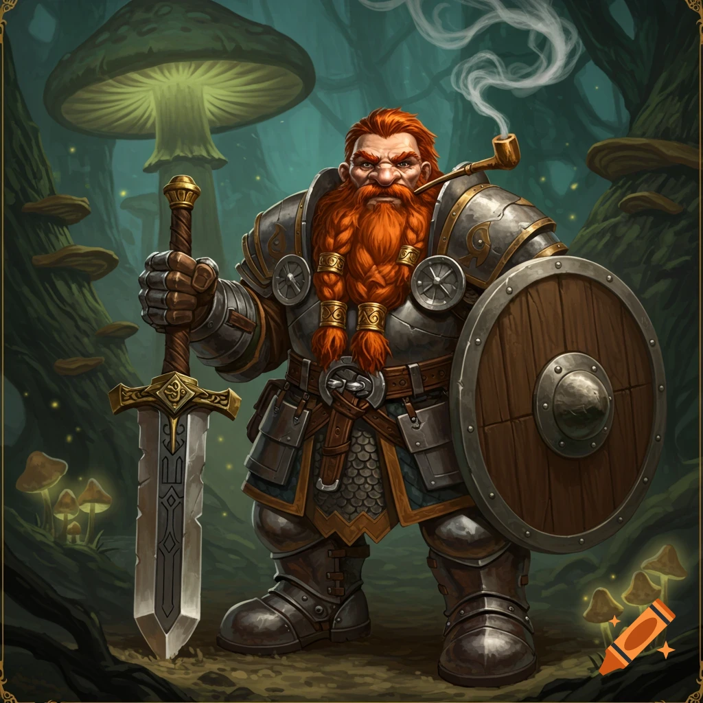 Armored dwarf warrior with red beard, holding sword and shield, smoking pipe in mushroom forest.