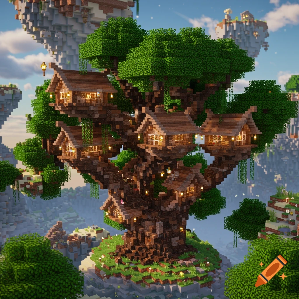 A detailed blocky fantasy treehouse with multiple houses built into its branches, set among floating islands.