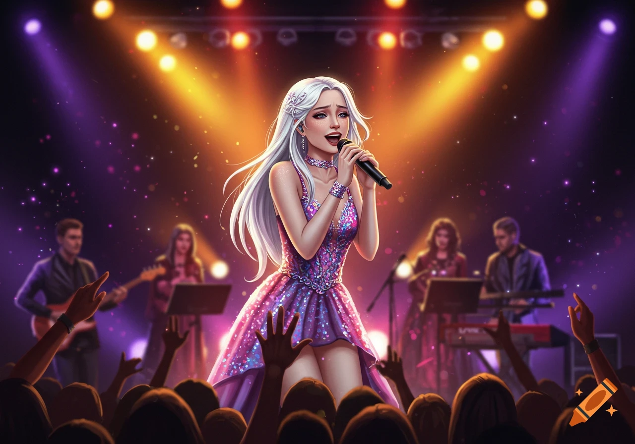 A young woman with white hair sings on a stage with a band and audience.