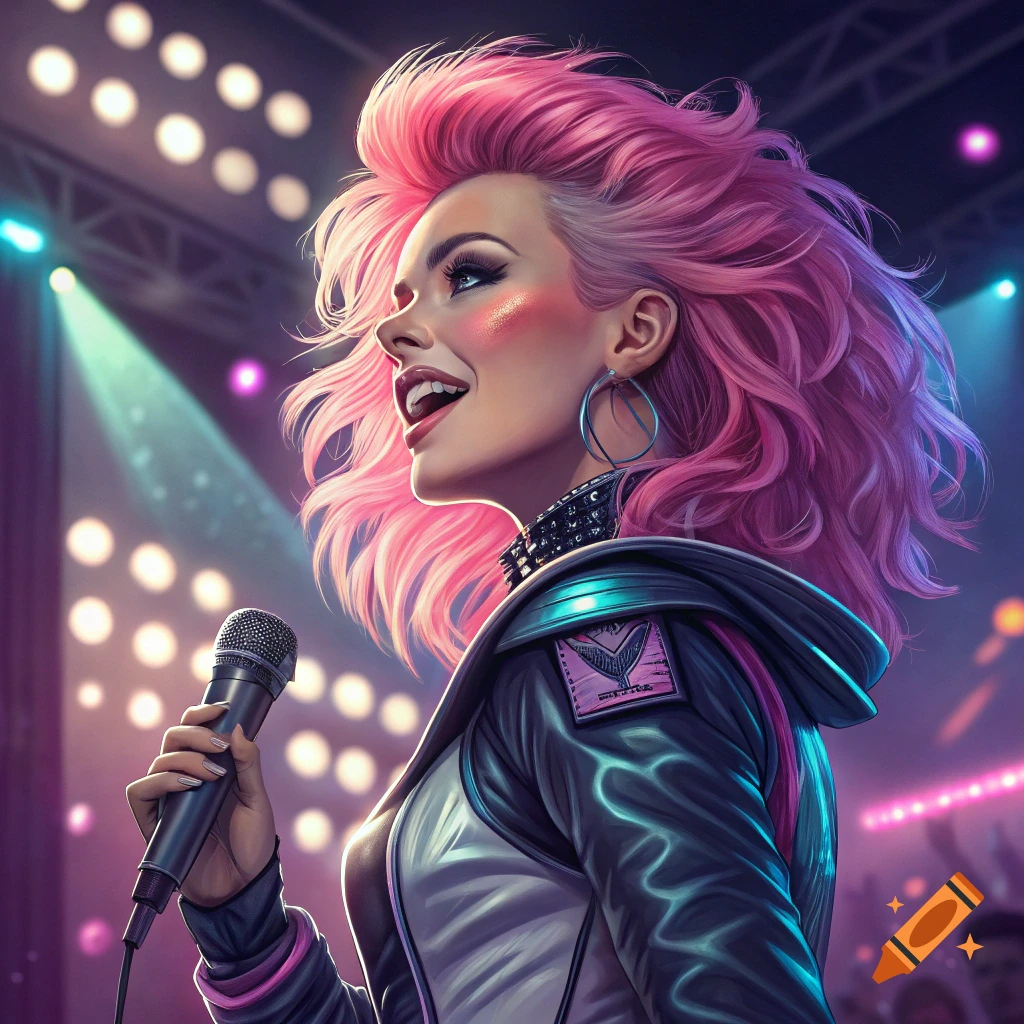 Digital illustration of a woman with pink hair singing into a microphone on stage with bright lights.