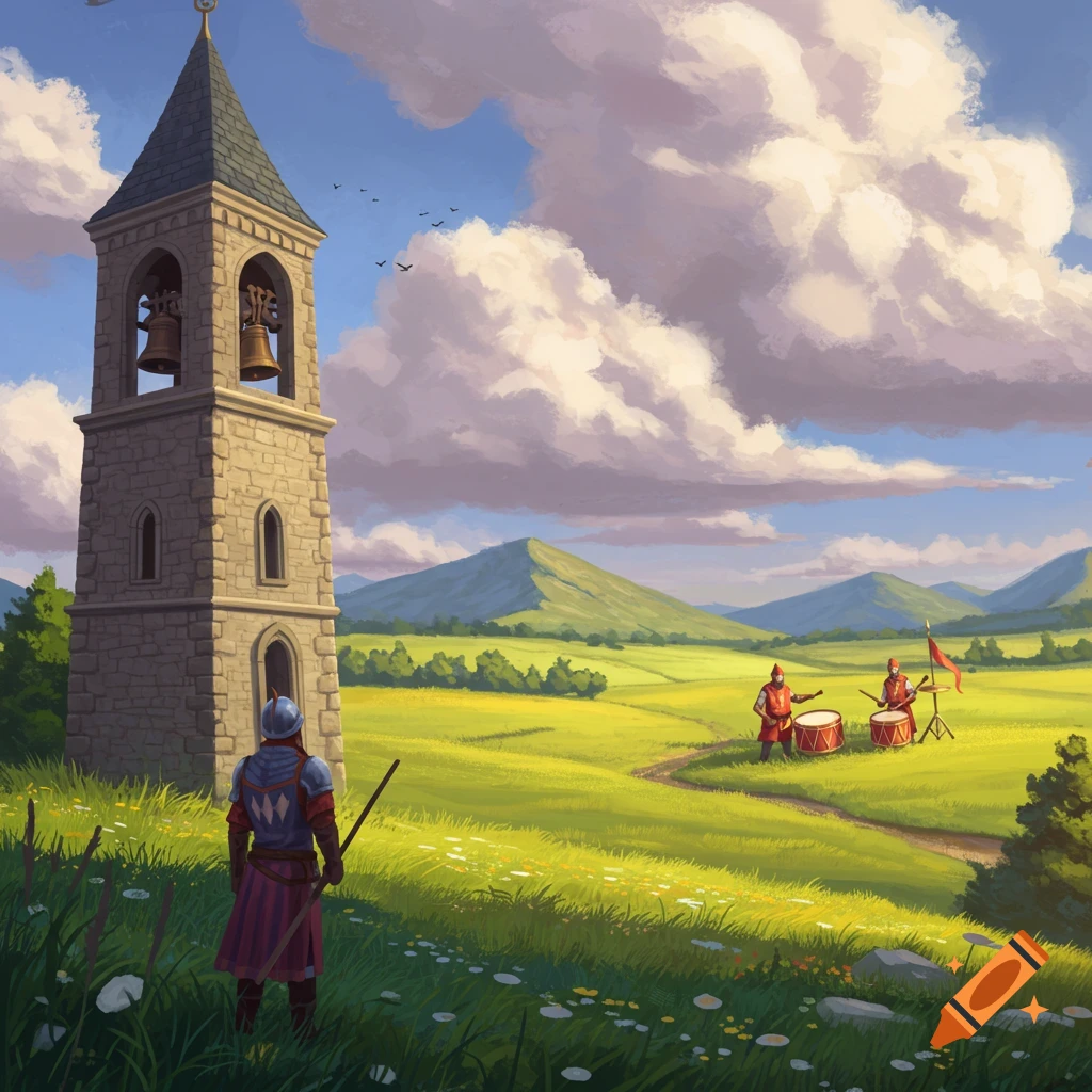 A knight standing near a stone bell tower looking across a grassy meadow towards two drummers.