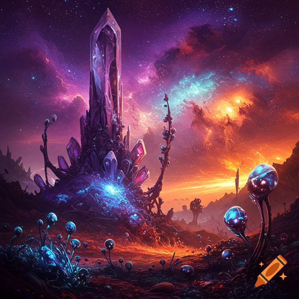 A vibrant fantasy landscape with a giant crystal, glowing plants, and a colorful cosmic sky.