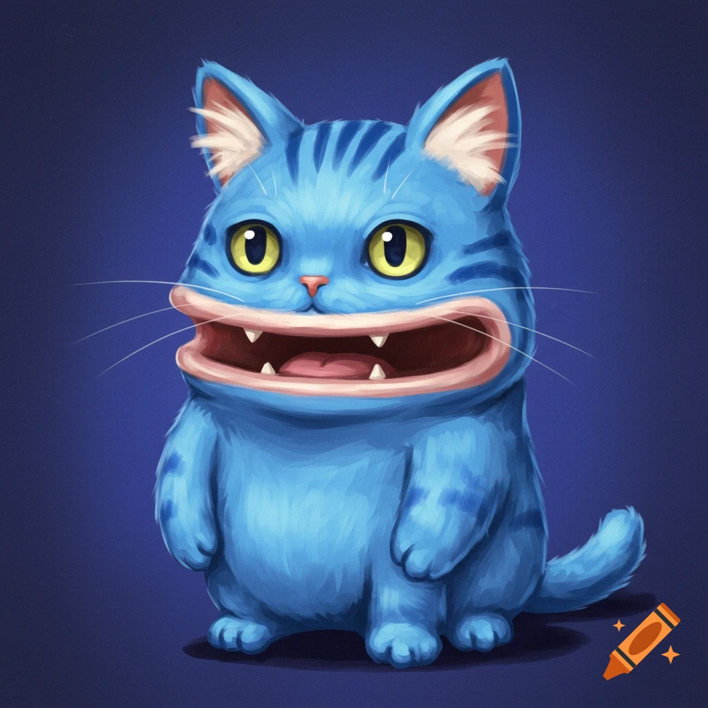 A blue cat creature with a wide fanged mouth on a dark background.