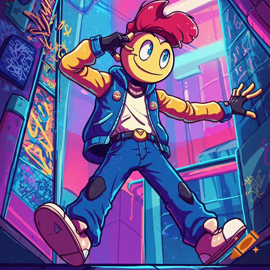 Cartoon character in urban alley with graffiti and neon lights, digital art style.