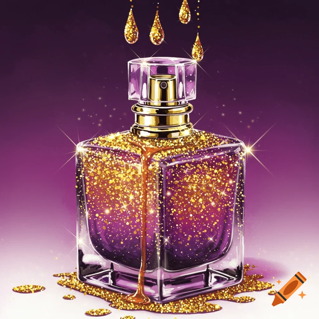 A purple and gold glittery perfume bottle with dripping liquid and hanging drops.