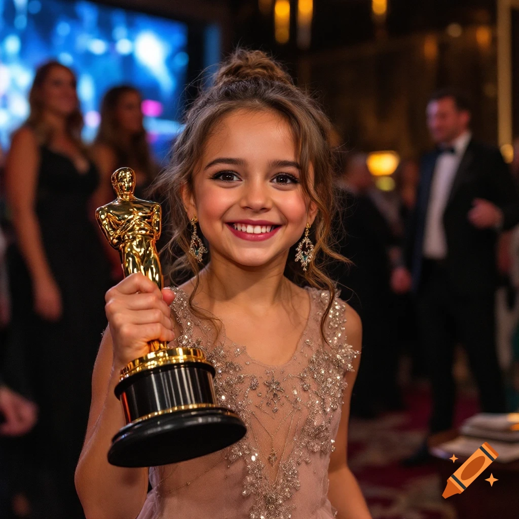 Young girl smiling and holding an Oscar trophy at an awards event.