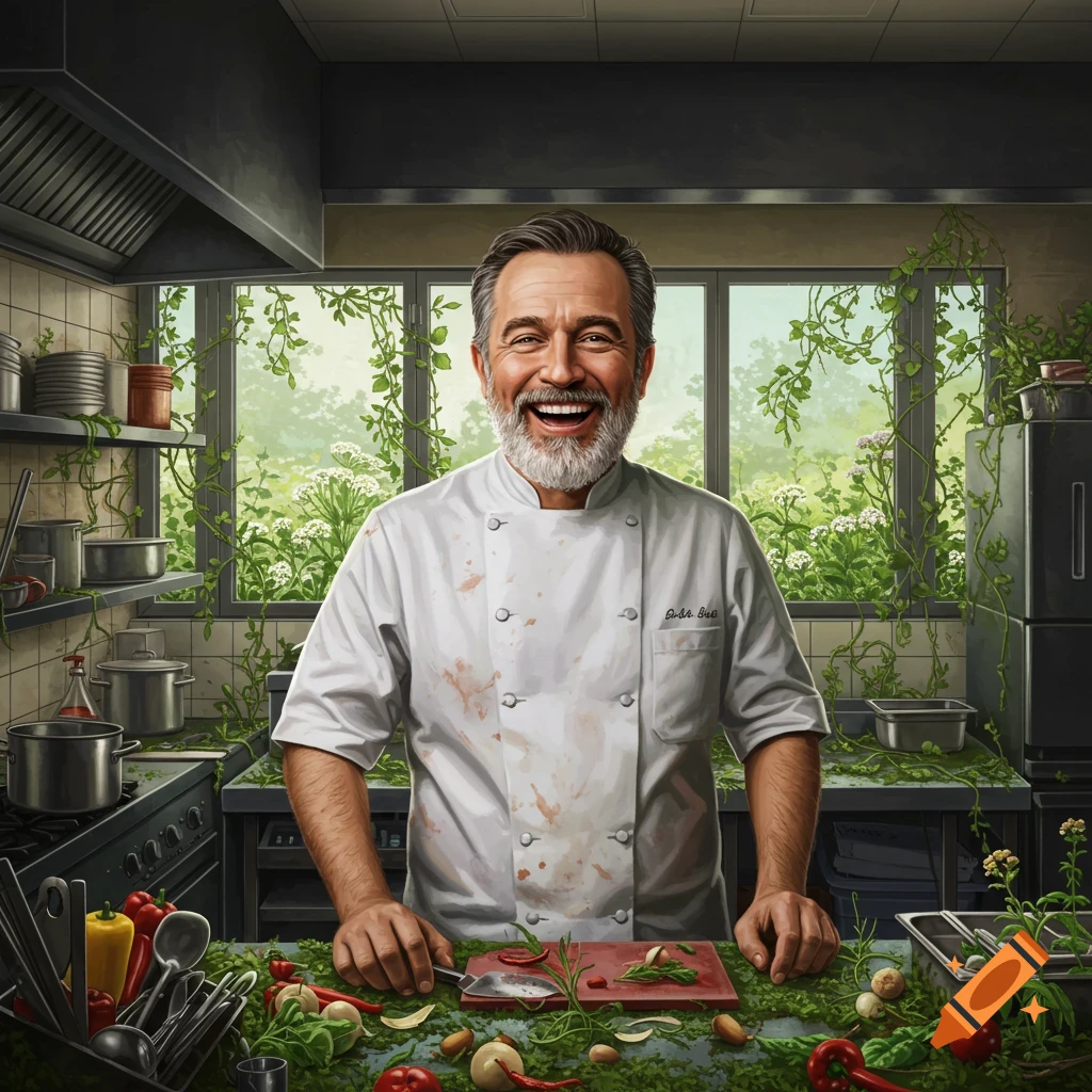 A happy chef cutting vegetables in a kitchen overgrown with weeds