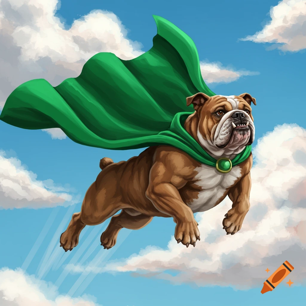 A bulldog superhero flying through a cloudy blue sky with a green cape billowing.