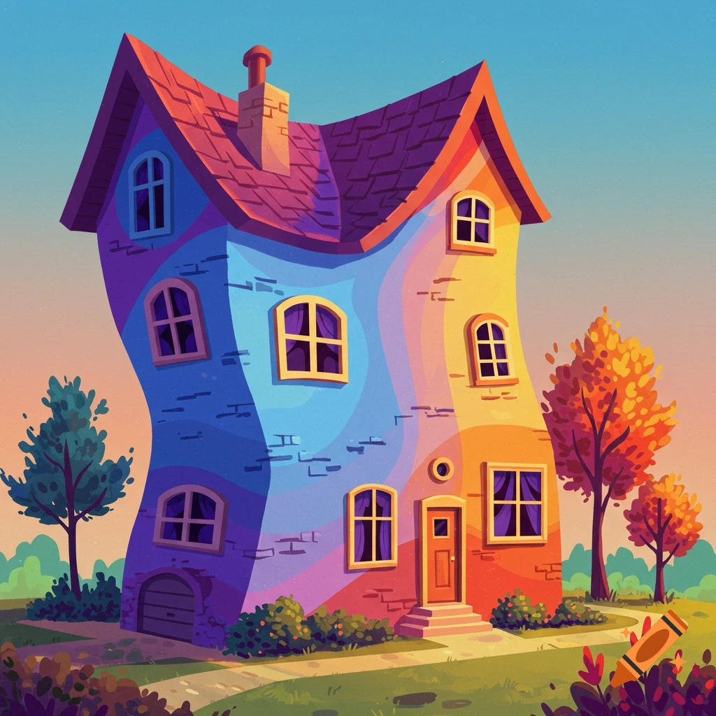 A colorful, wavy cartoon house in a whimsical landscape