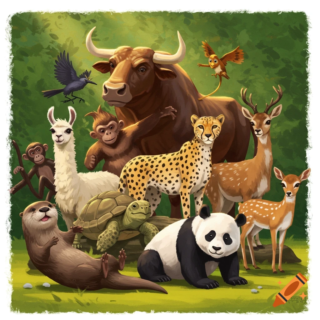 A group of diverse animals including a bull, cheetah, panda, llama, deer, monkey, otter, and turtle in a forest clearing.