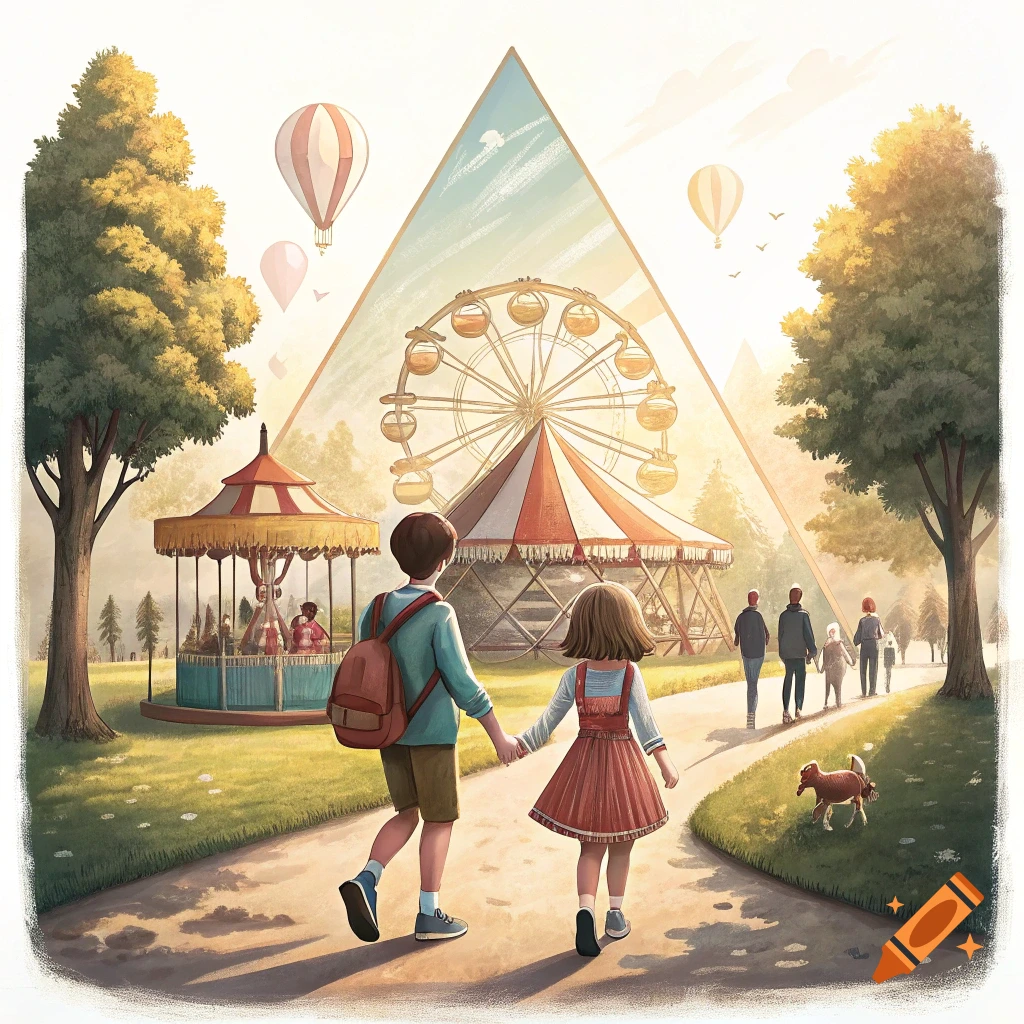 Two children walk hand-in-hand towards a fair with a ferris wheel and carousel, hot air balloons float above.