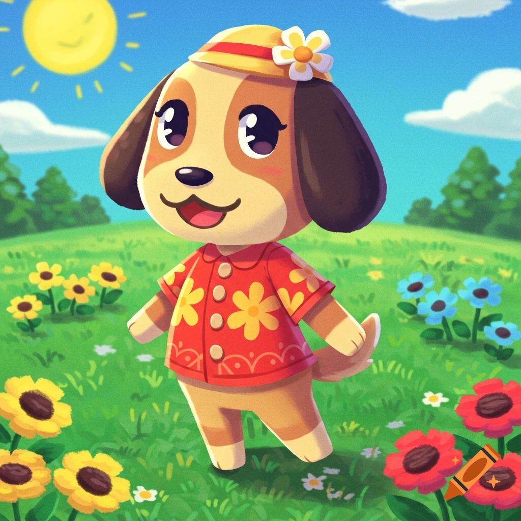 A cartoon dog villager character from Animal Crossing in a sunny field with flowers.