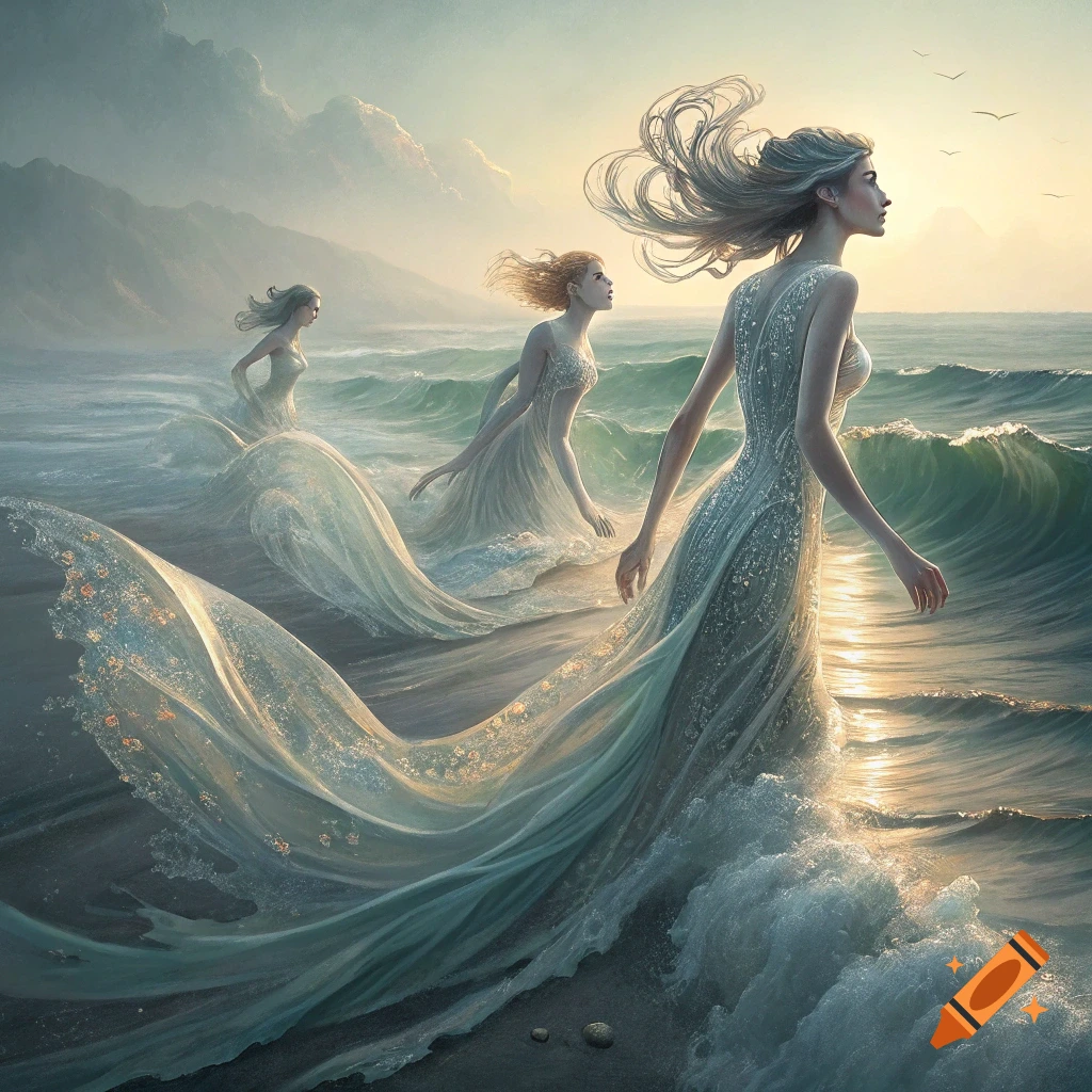 Three women with flowing dresses stand in ocean waves at sunset, resembling sea nymphs.