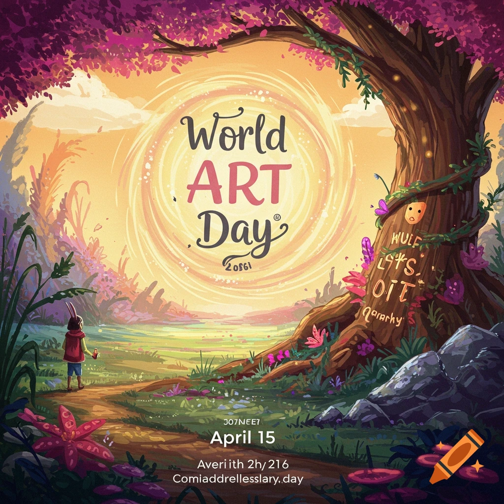 A figure is shown in a fantasy landscape, alongside the text 'World ART Day April 15'.