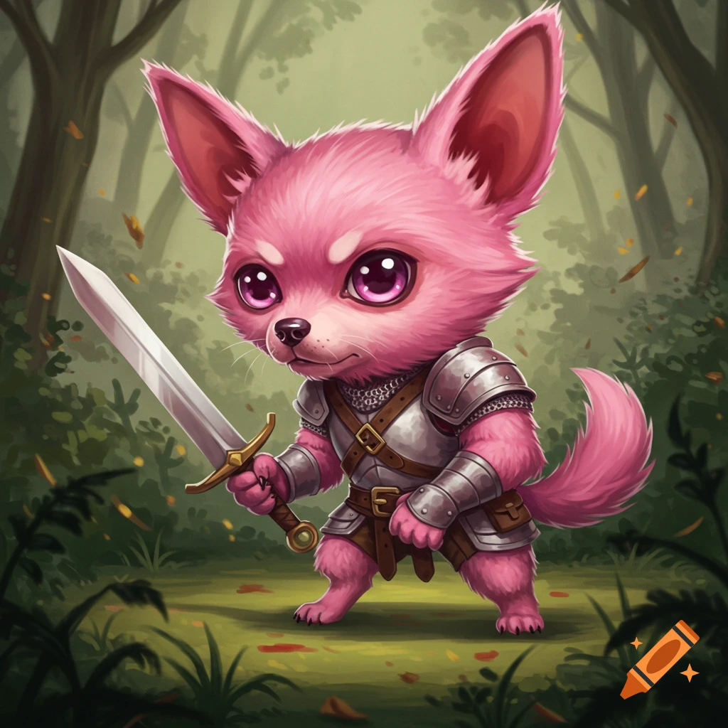 A cute pink chihuahua-like creature in silver armor holds a sword in a forest clearing.