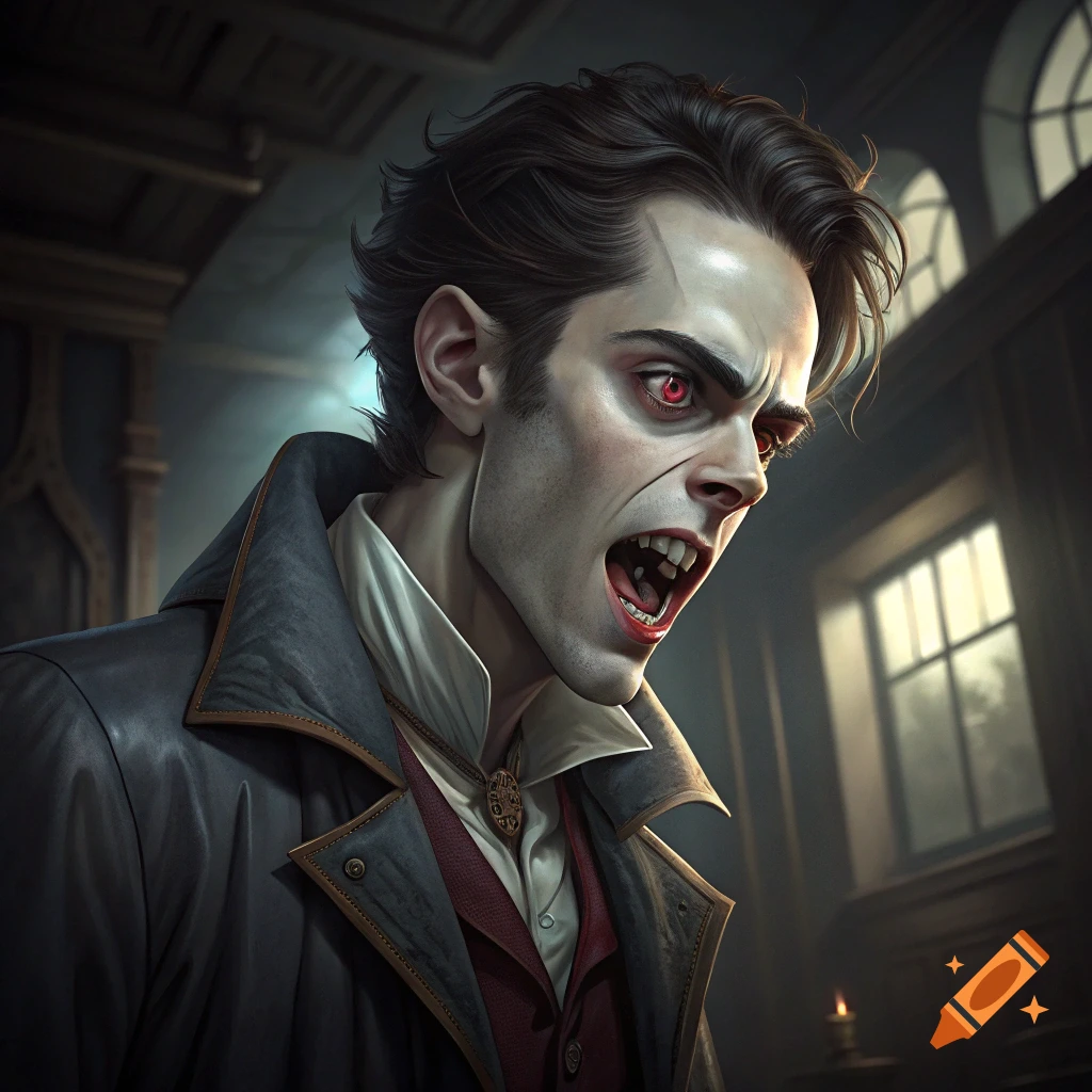 Close-up portrait of a vampire with red eyes and fangs in a dark interior.