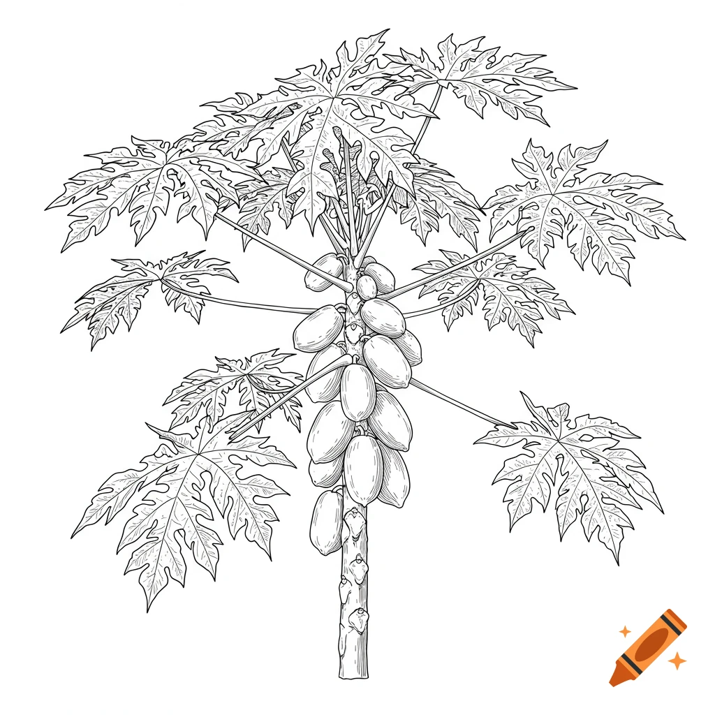 Black outline drawing of a papaya plant with fruit
