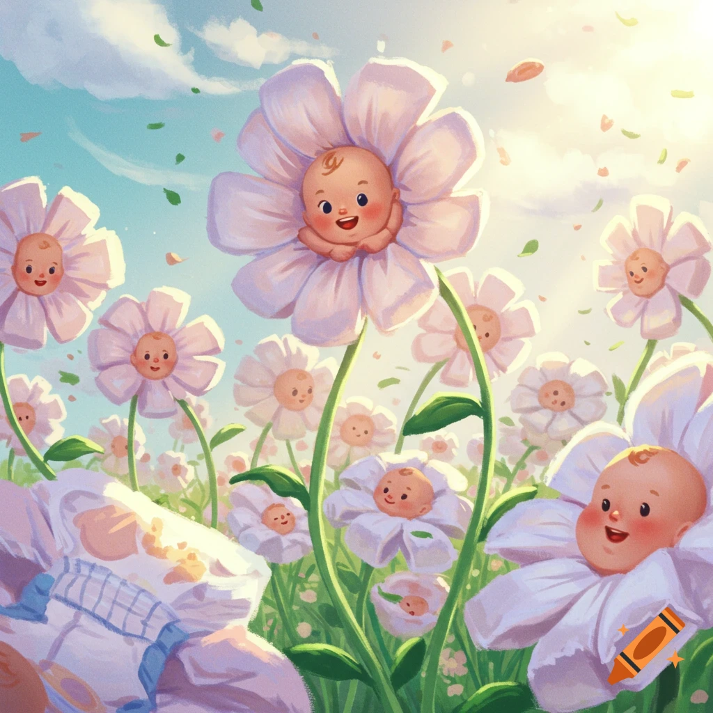 Whimsical image of happy baby faces in a field of flowers under a sunny sky.