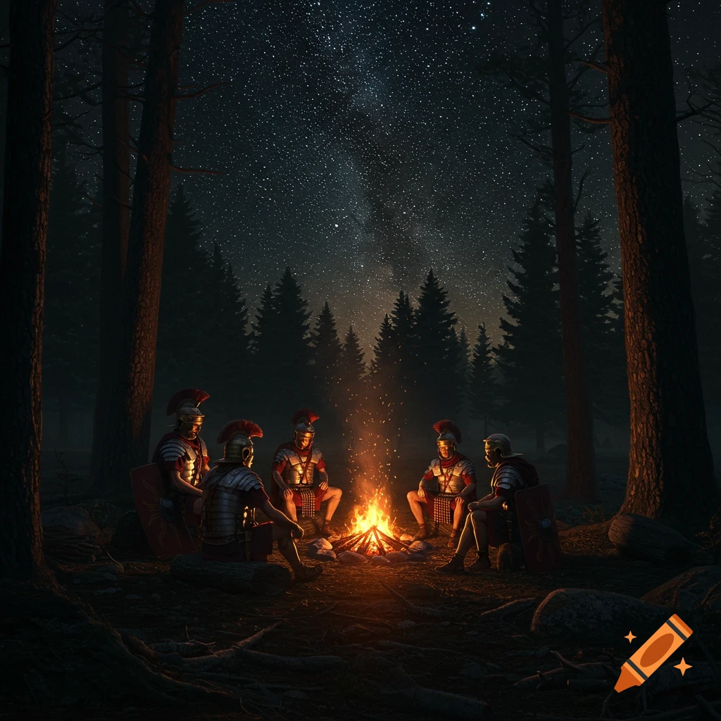 Roman legion soldiers gather around a campfire on a starry night in the woods.