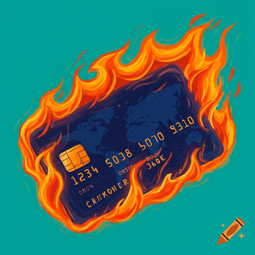 A dark blue credit card is surrounded by orange flames on a teal background.