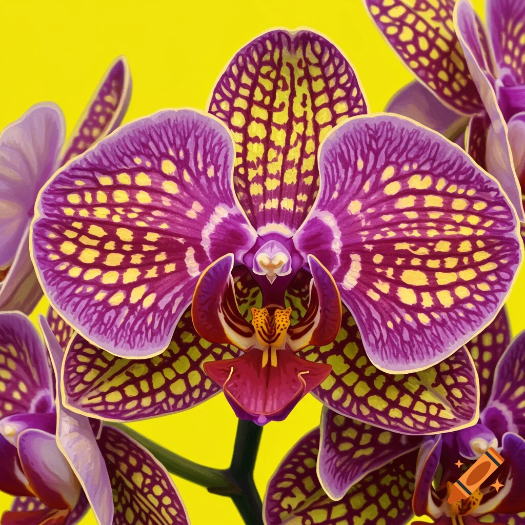A close-up of a purple and yellow polka dot orchid on a yellow background.