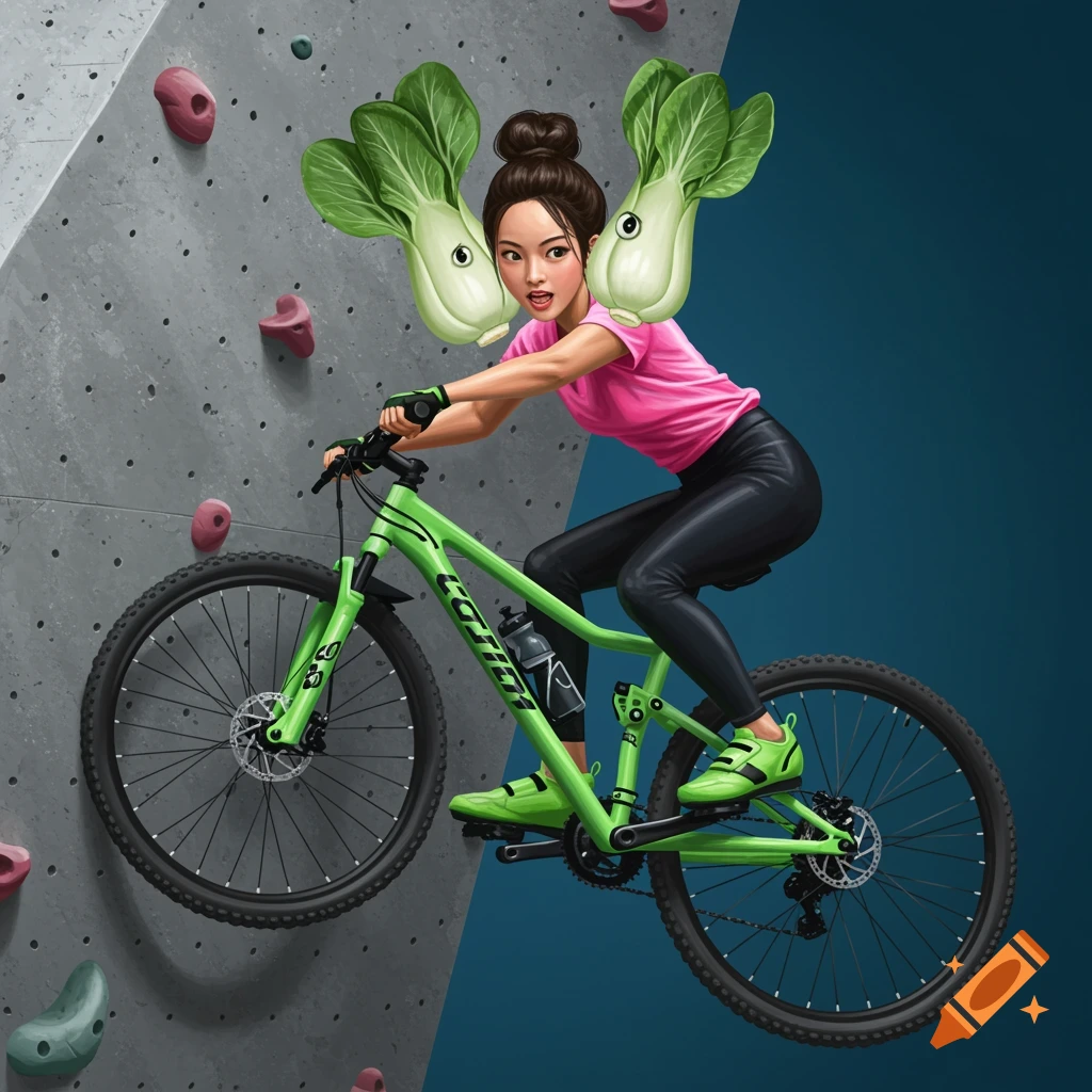 A girl with pak choy earrings rides a bright green mountain bike up a grey climbing wall.