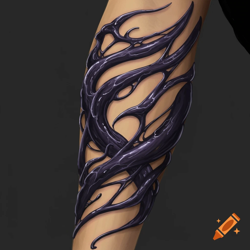 A black, shiny, Venom-like tendril tattoo on an arm.