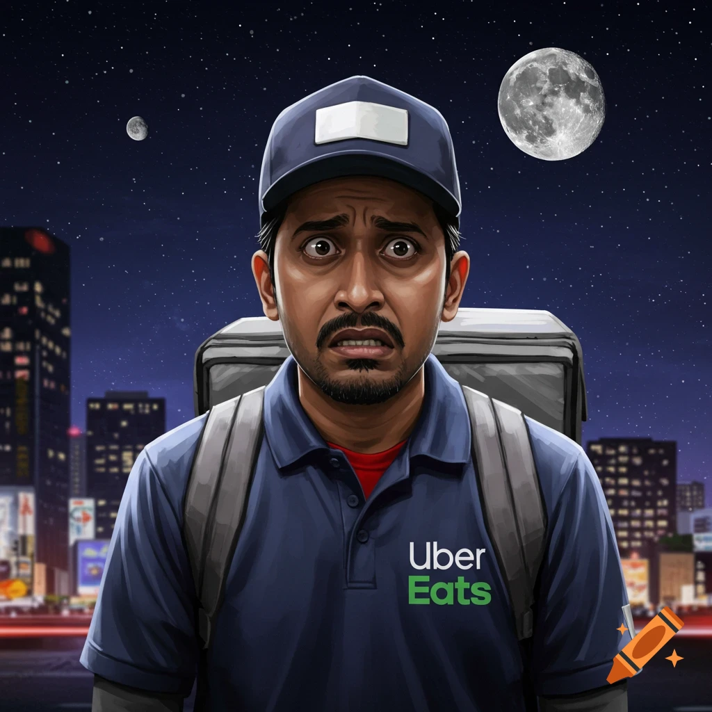 An image of a perplexed Indian delivery driver in an Uber Eats uniform at night.