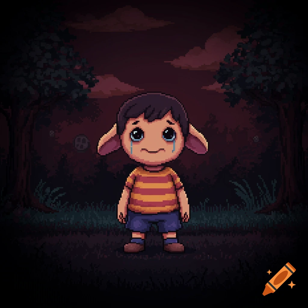 Pixel art illustration of a crying creature with big ears and striped shirt standing in a dark forest.