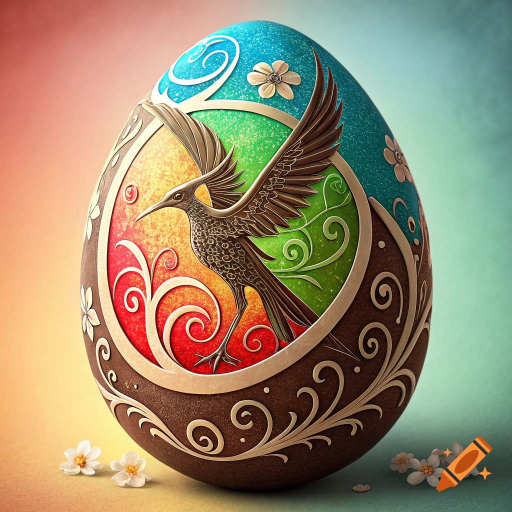 A decorated Easter egg featuring a bird and swirling patterns in red, green, blue, and brown.