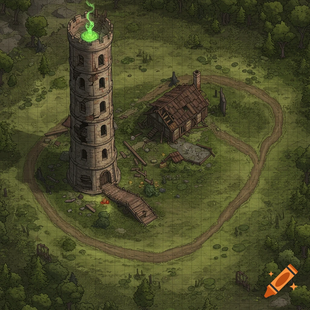 A gridded fantasy battle map showing a dilapidated stone tower, a ruined shack, and a dirt road winding through a boggy forest.