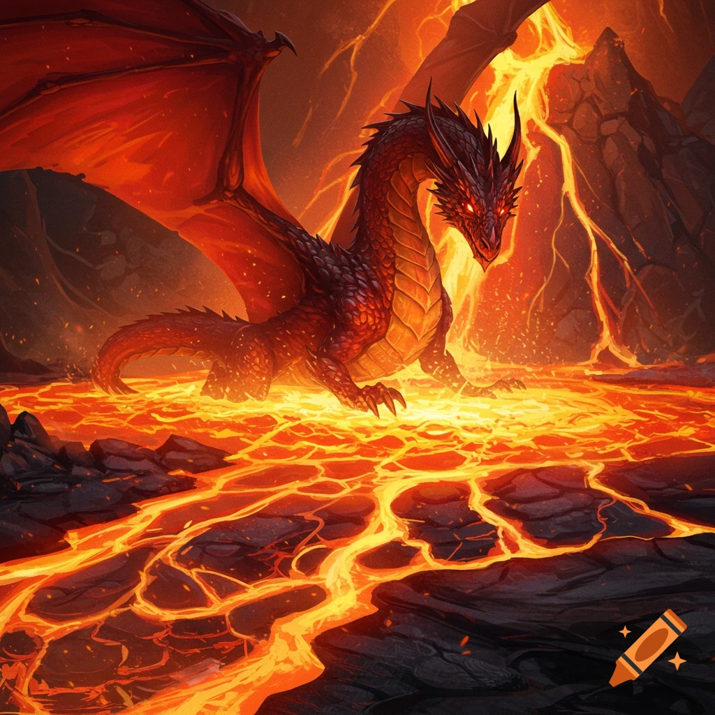 A red and black dragon stands in a lava landscape.