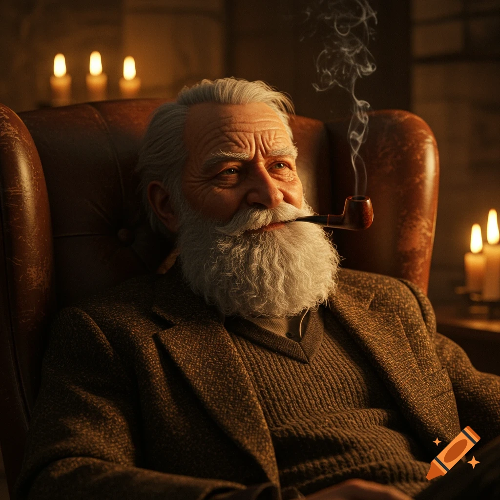 An old man smoking a pipe in an armchair.