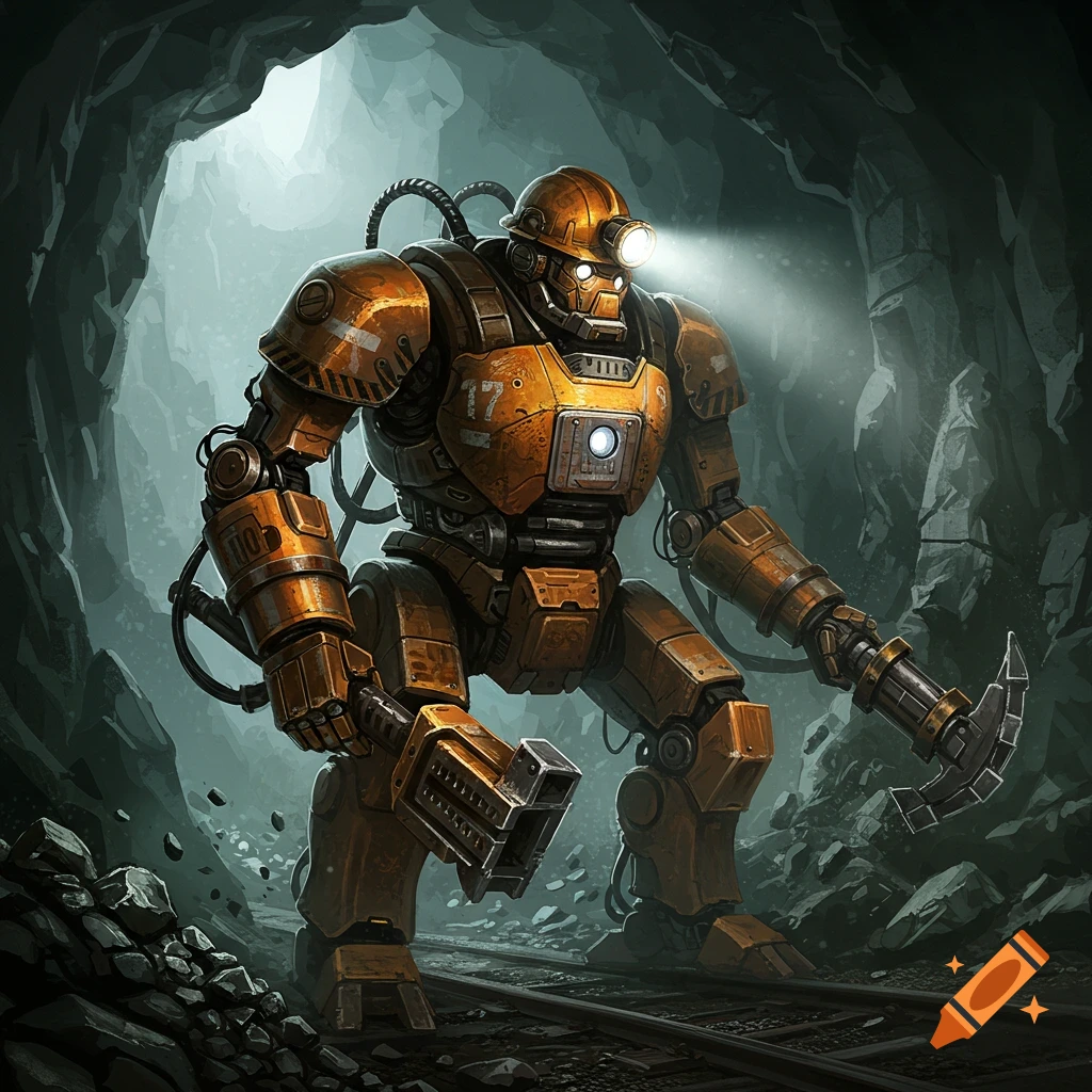 A robot miner standing in a cave.