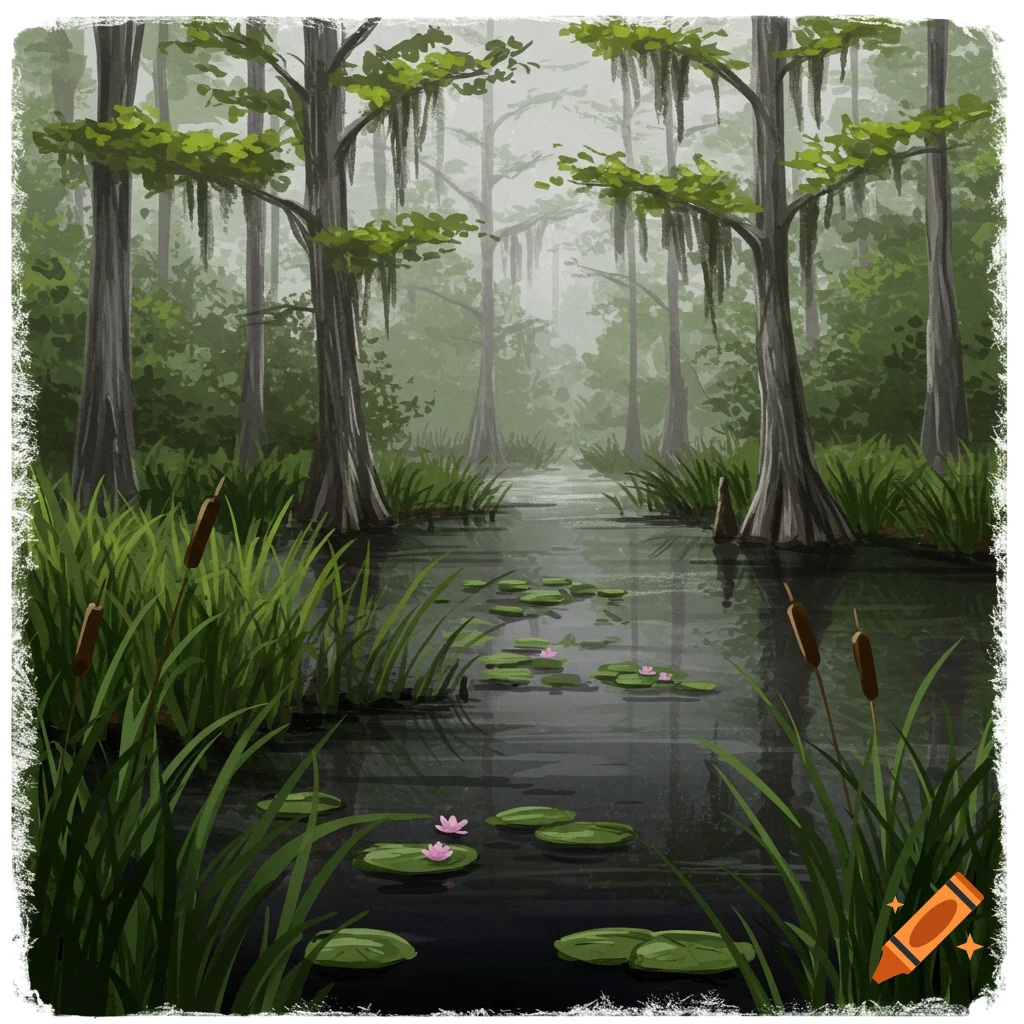 A swamp wetlands with cypress trees, Spanish moss, lily pads, and cattails.