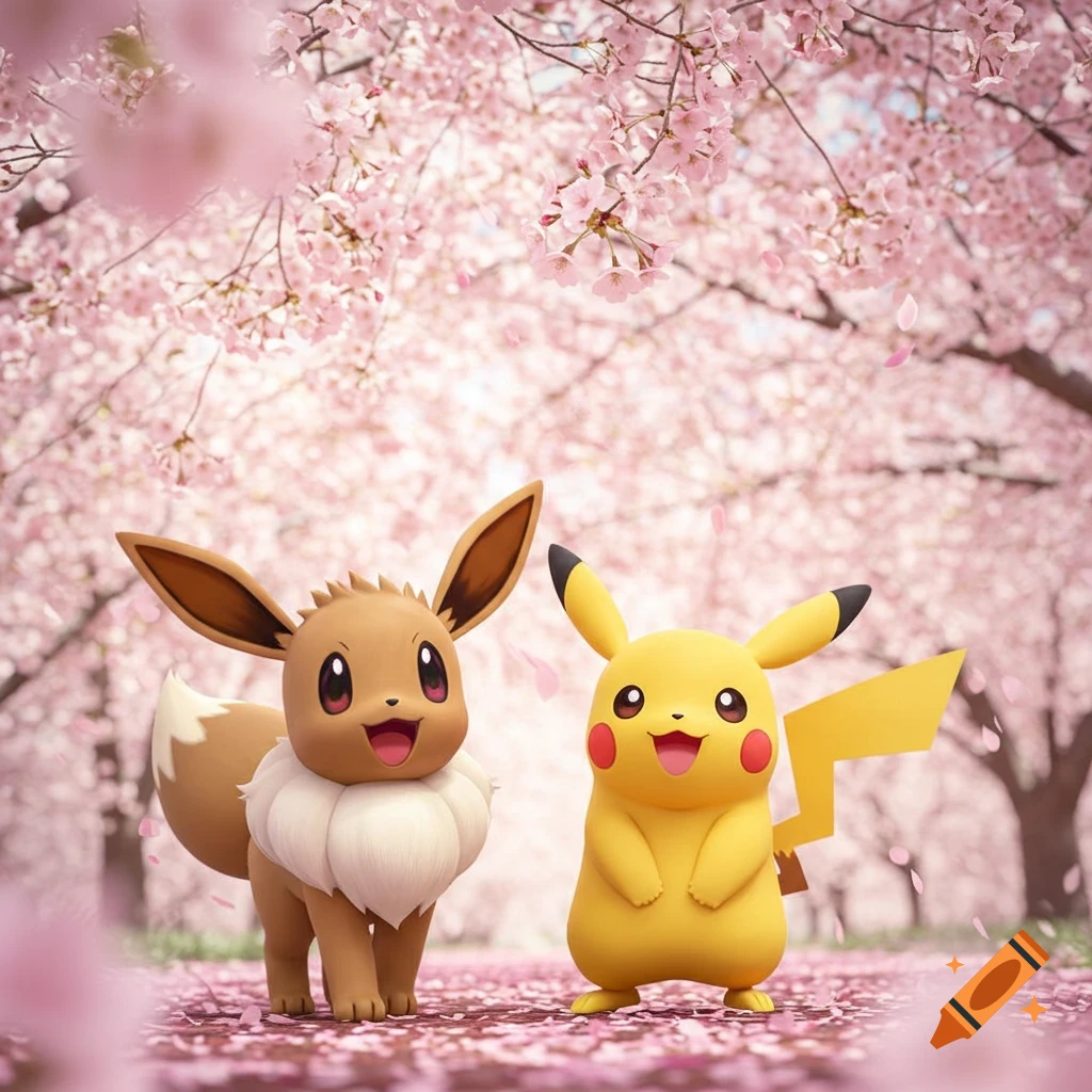 Stylized render of Eevee and Pikachu under blooming cherry blossom trees with petals on the ground.