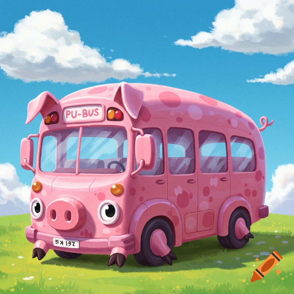 Cartoon pink pig bus with hooves as wheels in a grassy field under a blue sky.