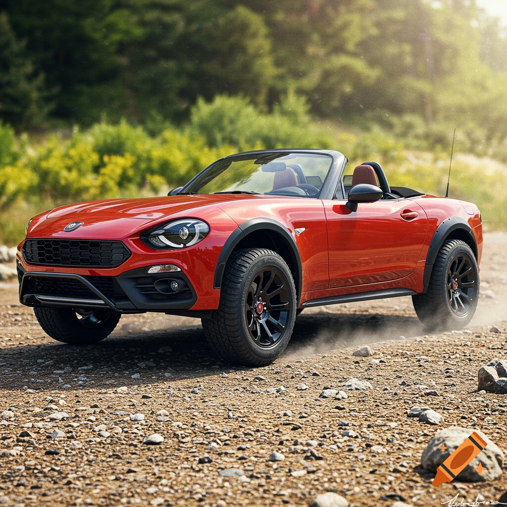 Red Fiat 124 Spider with lift kit driving on a gravel road in a forest. Photorealistic style.