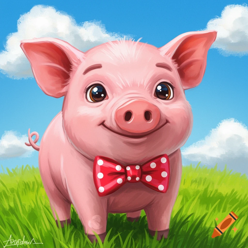 Cute cartoon pink piglet wearing a red polka dot bow tie stands in a field of green grass under a blue sky with clouds.