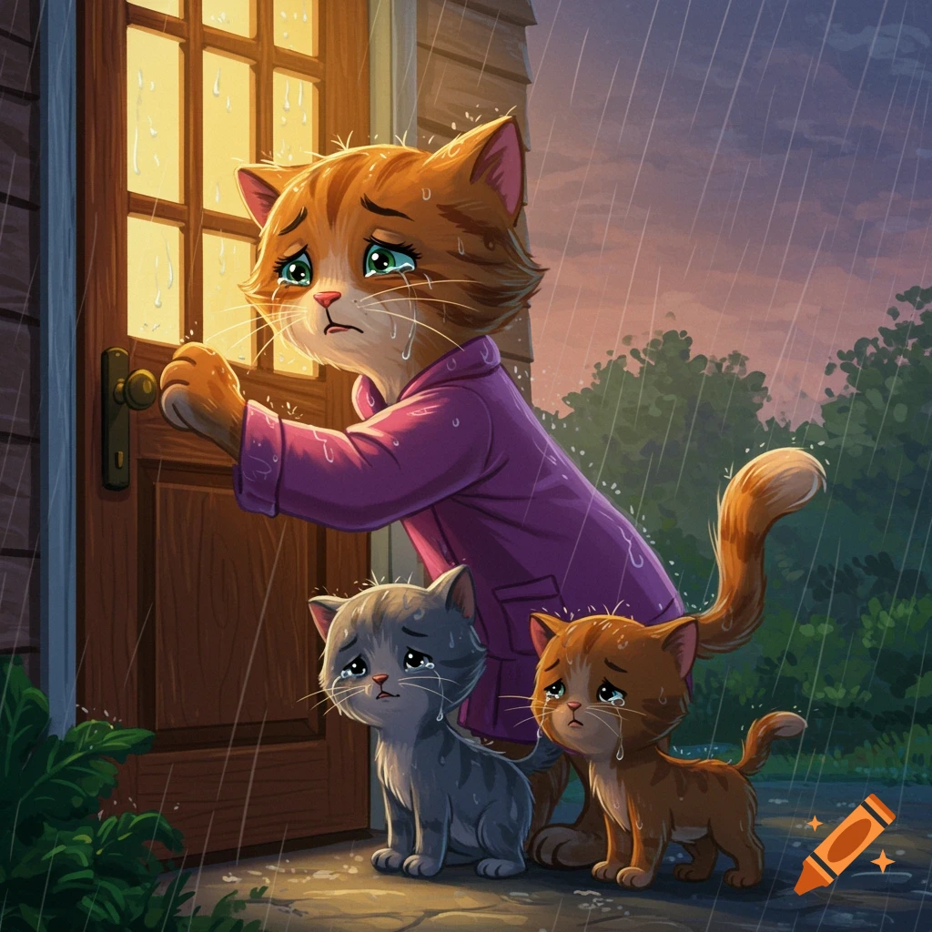 Cartoon mother cat and two kittens crying in the rain outside a house door.