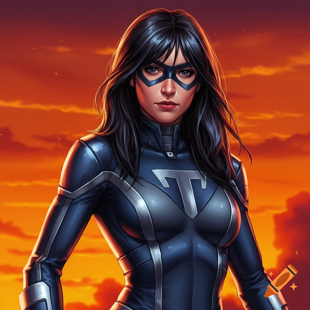 A female superhero with dark hair and a blue suit with a silver 'T' symbol on the chest, set against an orange sky.