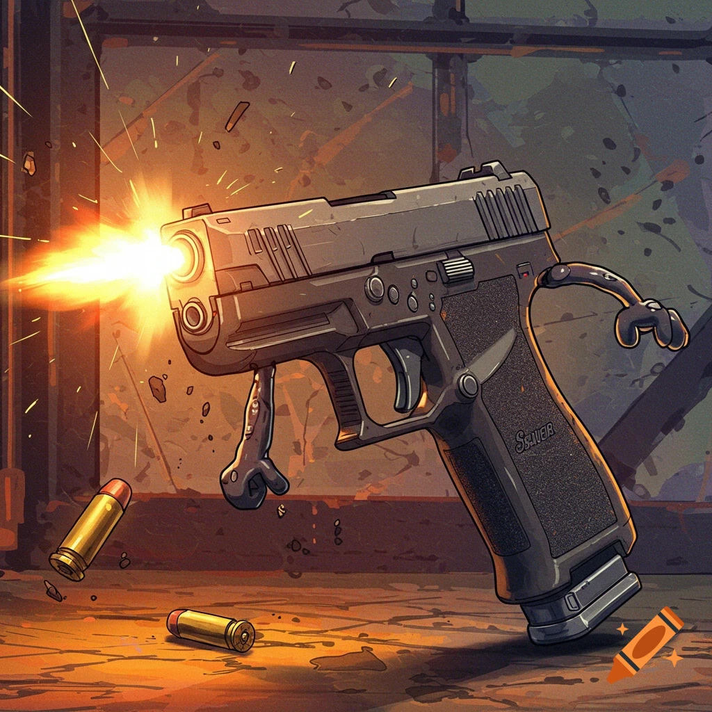 A stylized image of a cartoon pistol character firing a shot.