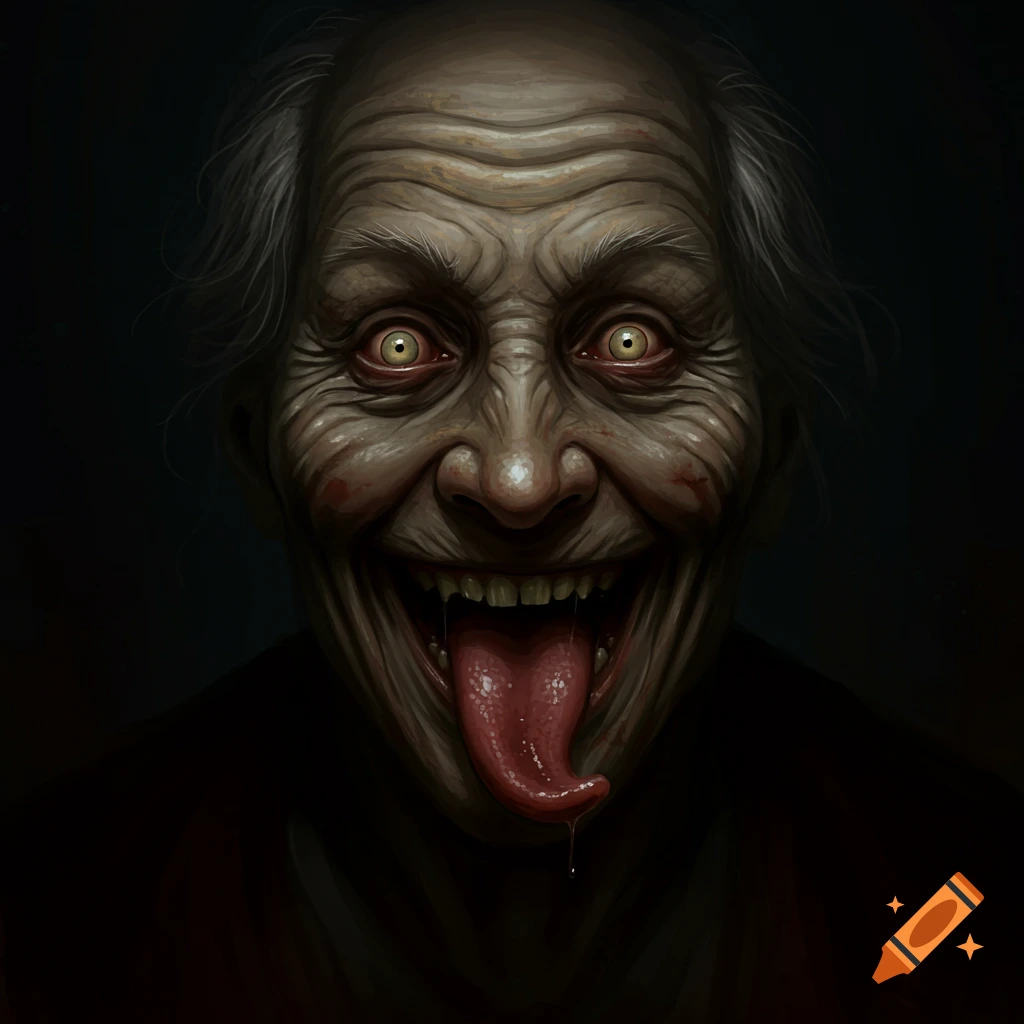 A scary, grotesque face with yellow eyes and tongue sticking out.