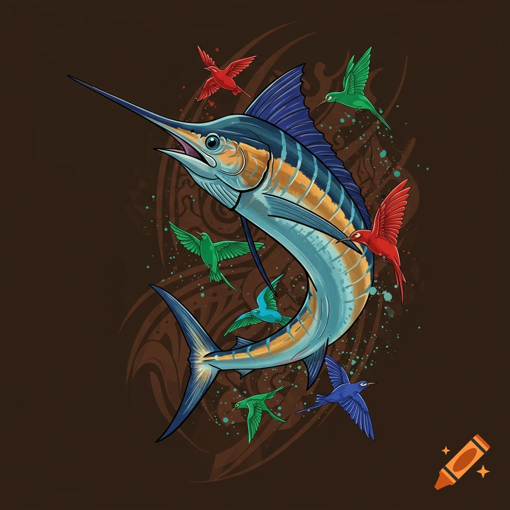 Digital illustration of a marlin fish surrounded by colorful birds against a brown background with tribal patterns.